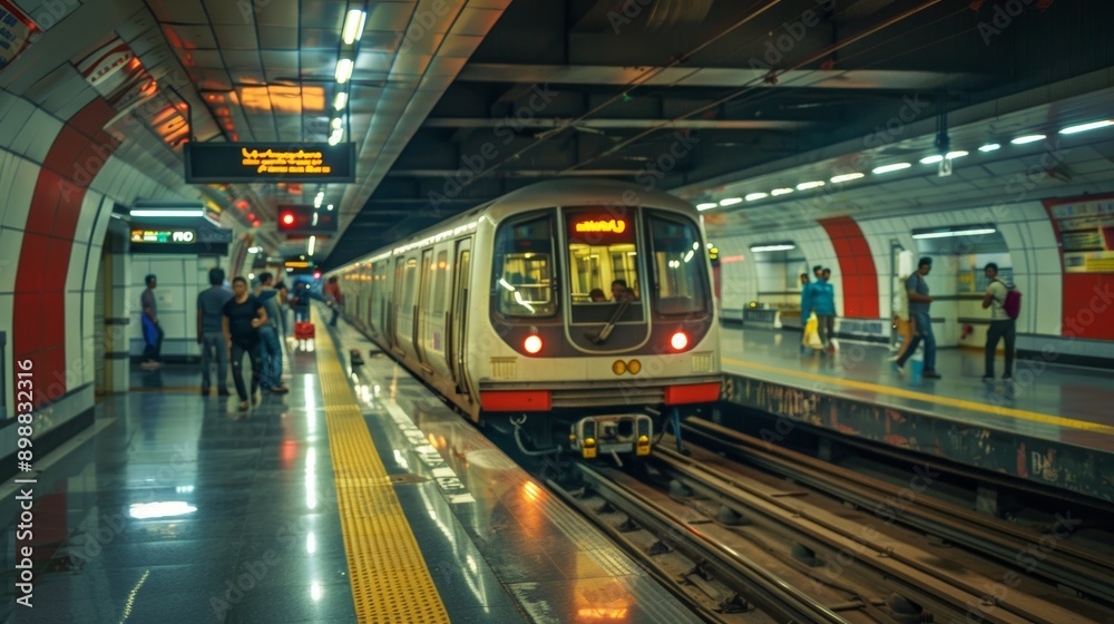 Dynamic Urban Commuting Scene with Metro Train Arrival at Bustling Station during Peak Hours Dynamic Urban Commuting Scene with Metro Train Arrival at Bustling Station during Peak Hours