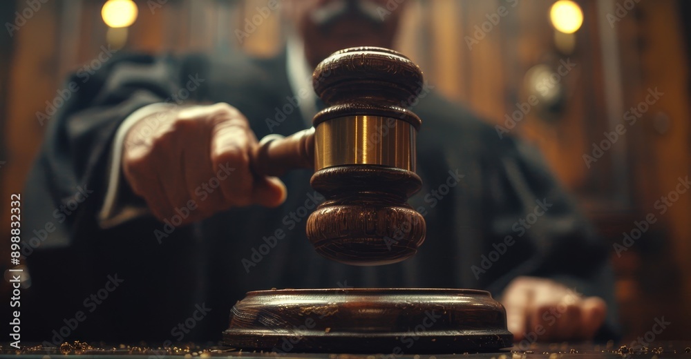 Court of Law and Justice Trial Session: Imparcial Honorable Judge Pronouncing Sentence, striking Gavel. Focus on Mallet, Hammer. Cinematic Shot of Dramatic Not Guilty Verdict. Close-up, Generative AI Court of Law and Justice Trial Session: Imparcial Honorable Judge Pronouncing Sentence, striking Gavel. Focus on Mallet, Hammer. Cinematic Shot of Dramatic Not Guilty Verdict. Close-up, Generative AI