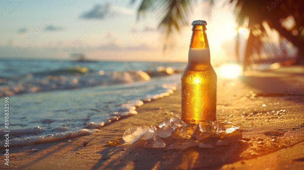 Refreshing Beer Bottle on Sandy Beach with Sunset and Palm Shadows - Summer Vacation Concept Refreshing Beer Bottle on Sandy Beach with Sunset and Palm Shadows - Summer Vacation Concept