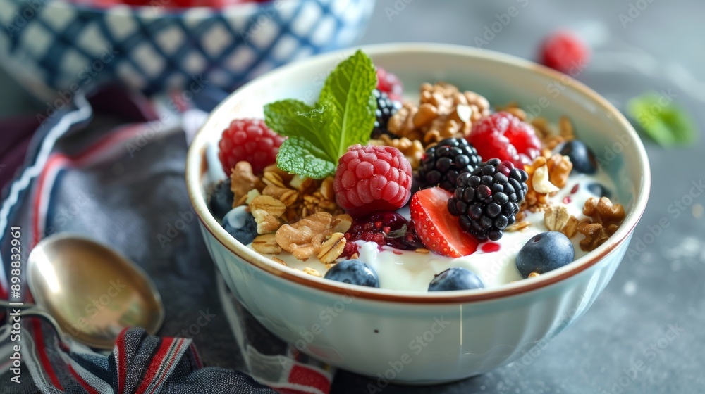 Vibrant Breakfast Bowl with Fresh Berries, Greek Yogurt, Granola, and Mint Garnish Vibrant Breakfast Bowl with Fresh Berries, Greek Yogurt, Granola, and Mint Garnish