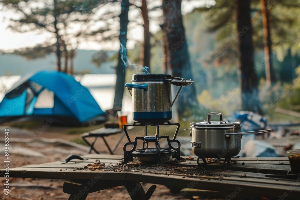 Campsite Cooking With Camp Stove by Lake During Soft Evening Light in Nature Campsite Cooking With Camp Stove by Lake During Soft Evening Light in Nature