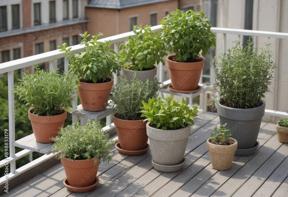 A collection of potted herbs on a balcony. A collection of potted herbs on a balcony.