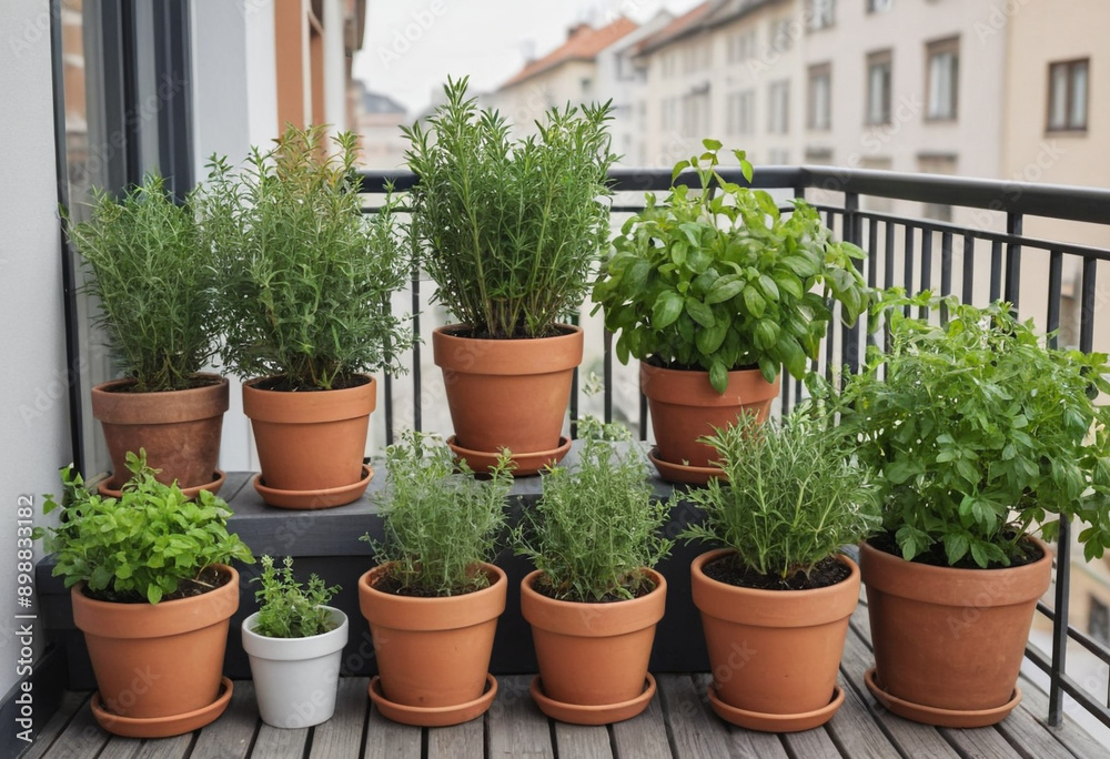 A collection of potted herbs on a balcony. A collection of potted herbs on a balcony.
