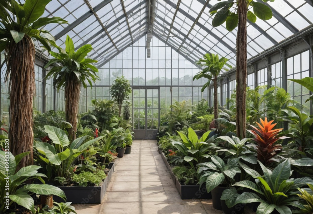 A greenhouse filled with tropical plants. A greenhouse filled with tropical plants.