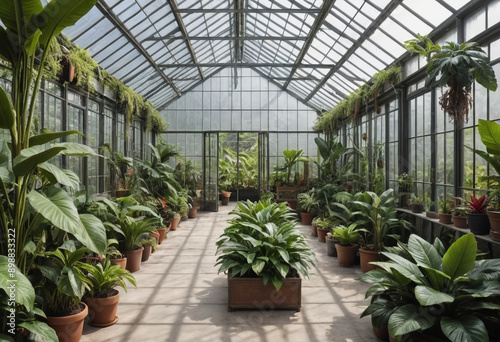  A greenhouse filled with tropical plants. 