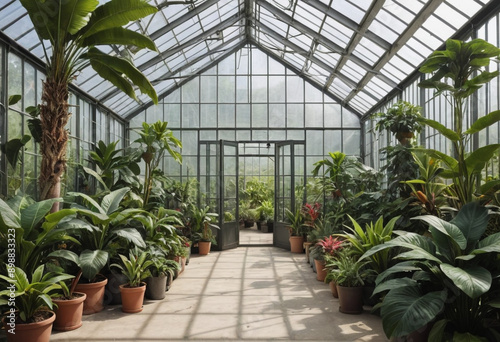  A greenhouse filled with tropical plants. 