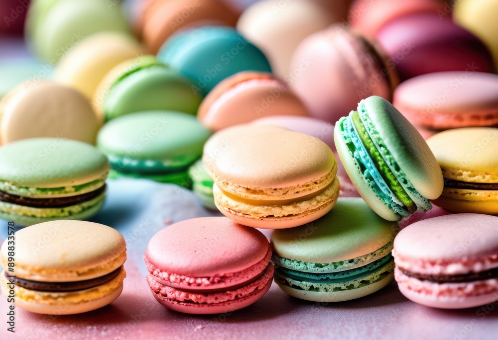 Obraz premium elegant arrangement colorful macarons set soft pastel background showcasing delicate details exquisite design, candy, dessert, sweet, colors, treat, display