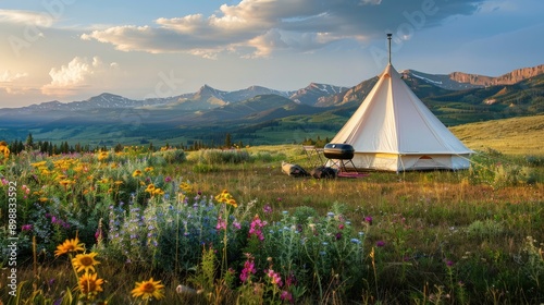 Open meadow camping scene with big white tent, wildflowers, mountains, camping gear, portable grill, golden hour light. Big camping tent gears
