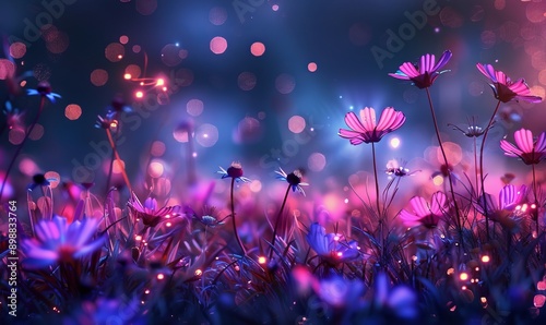 Wild flower field in the night magical lights. Summer meadow. Fantastical fantasy background of magical purple dark night sky with shining bokeh lights copy, Generative AI
