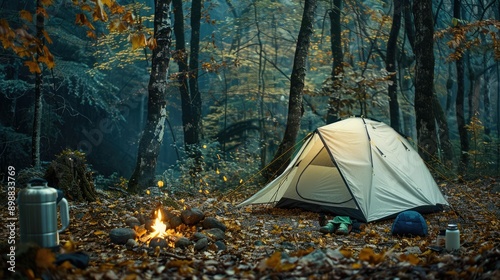 Forest clearing with big white tent, gear including thermoses, sleeping mats, portable stove, autumn leaves, warm campfire glow. Big camping tent gears