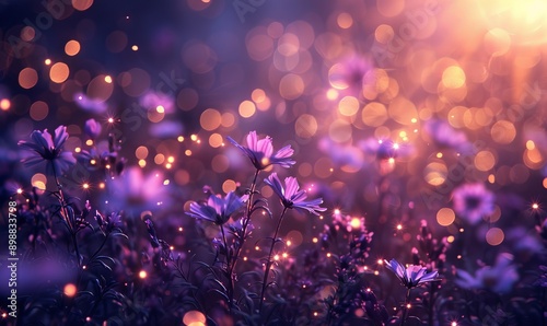 Wild flower field in the night magical lights. Summer meadow. Fantastical fantasy background of magical purple dark night sky with shining bokeh lights copy, Generative AI