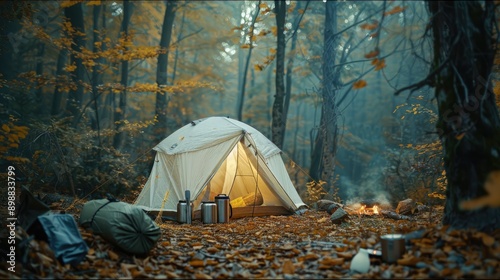 Dense forest clearing with big white camping tent, surrounded by gear, thermoses, sleeping mats, portable stove, warm campfire glow. Big camping tent gears