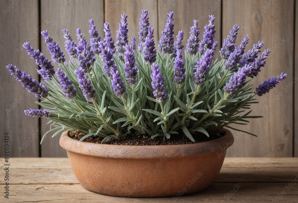 A lavender plant in a rustic pot. A lavender plant in a rustic pot.