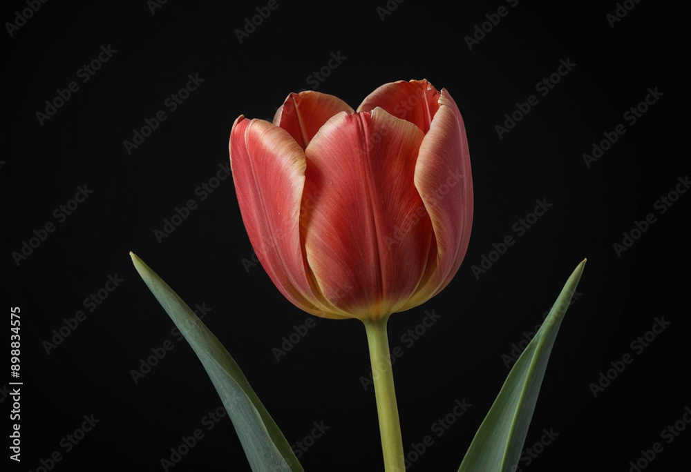 A single tulip isolated against a black background. A single tulip isolated against a black background.