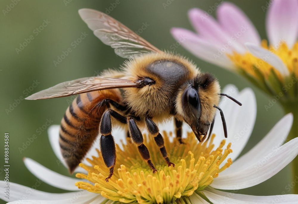 A close-up of a bee on a flower. A close-up of a bee on a flower.
