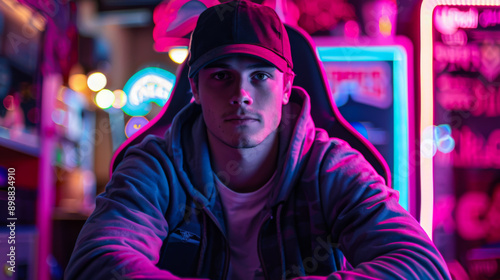 Portrait of a young man in a baseball cap and sweatshirt on a large chair in neon light. Lifestyle.