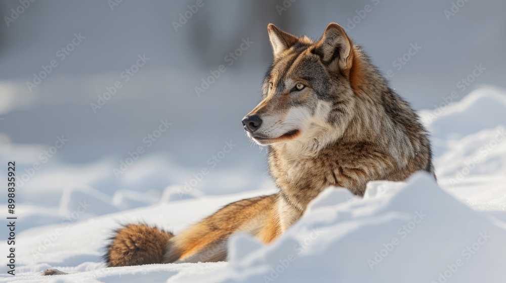 Obraz premium Female wolf resting on snow-covered ground in winter forest