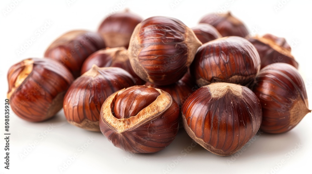 Close-up view of freshly roasted chestnuts on a white background Close-up view of freshly roasted chestnuts on a white background