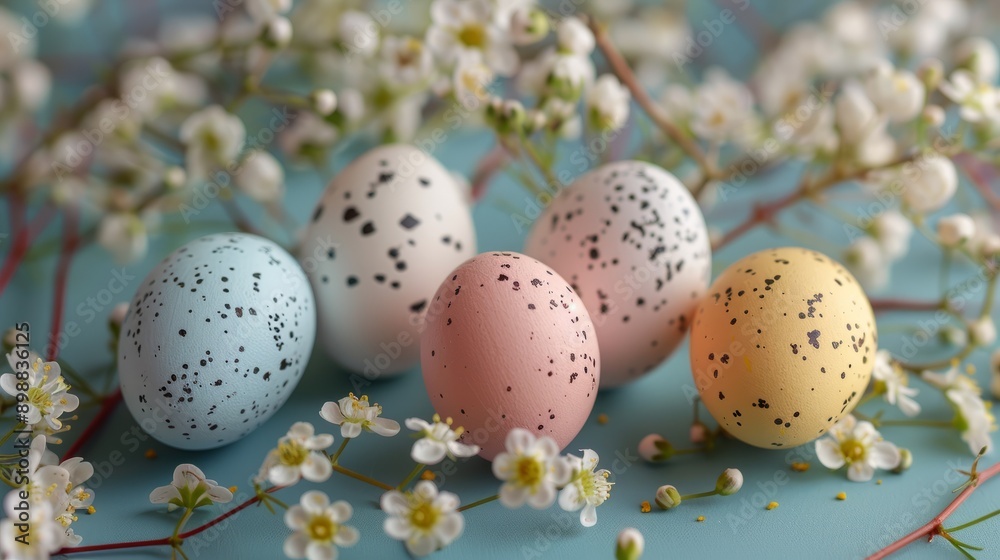 Colorful easter eggs displayed on a blue table surrounded by gypsophila flowers Colorful easter eggs displayed on a blue table surrounded by gypsophila flowers