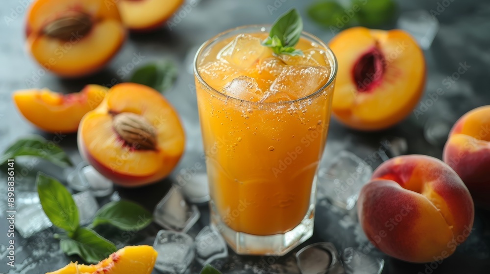 Fototapeta premium Fresh ripe peaches and chilled juice with ice on a sunny day