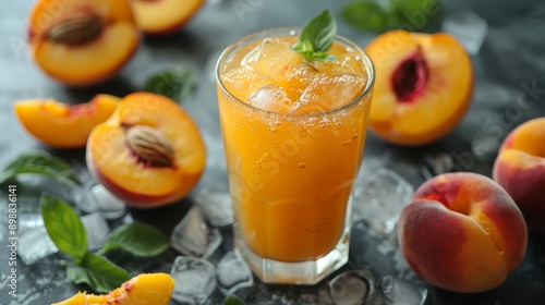 Fresh ripe peaches and chilled juice with ice on a sunny day