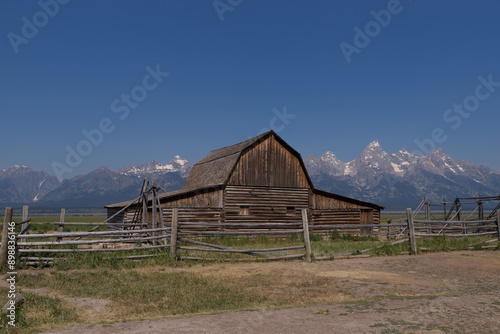 Tetons with barn on a beautiful blue bird day