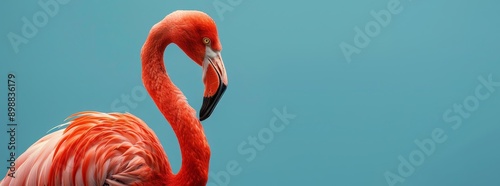 Pink Flamingo With Curved Neck Against Teal Background