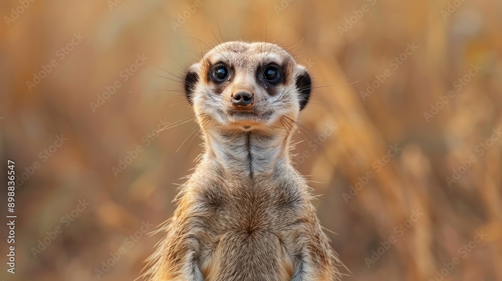 Meerkat standing alert in golden grassy habitat at dusk Meerkat standing alert in golden grassy habitat at dusk
