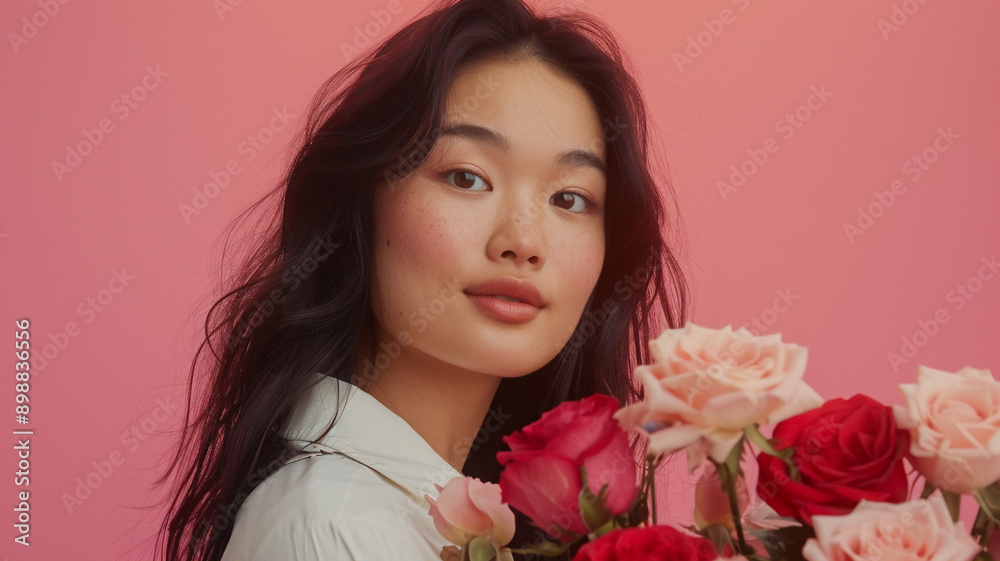 A portrait of a young adult and Asian woman holding flowers; roses, while smiling at the camera with an isolated pink background with copy space A portrait of a young adult and Asian woman holding flowers; roses, while smiling at the camera with an isolated pink background with copy space