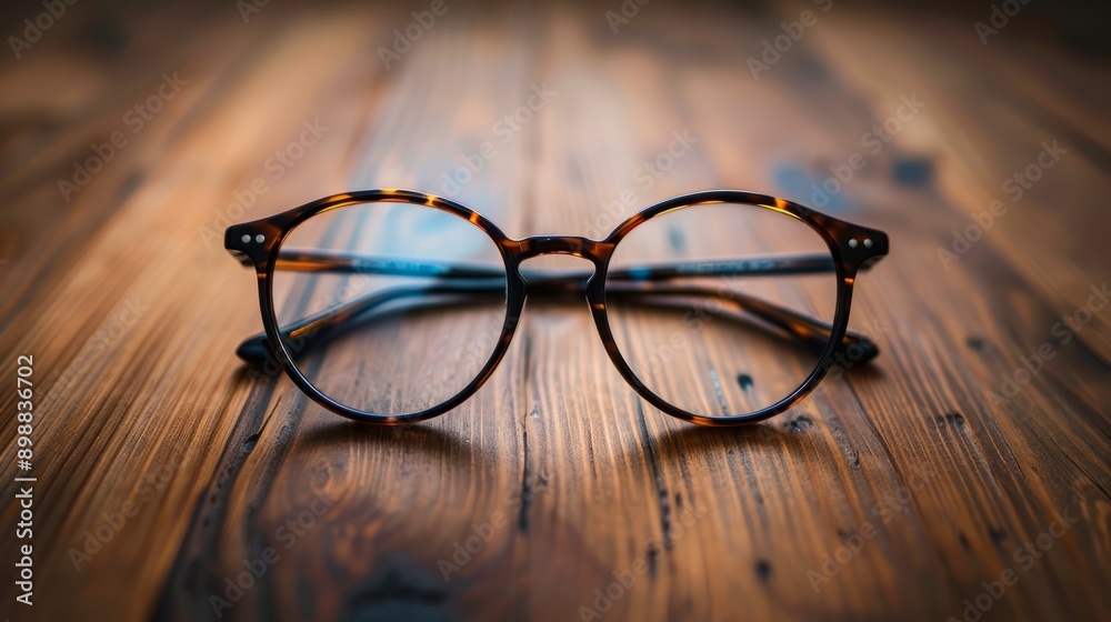 Stylish eyeglasses on wooden surface in natural light Stylish eyeglasses on wooden surface in natural light