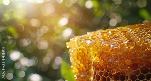 Honey Dripping From a Jar Onto a Honeycomb