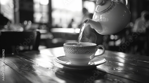 Pouring hot tea from teapot into ceramic cup in cozy café