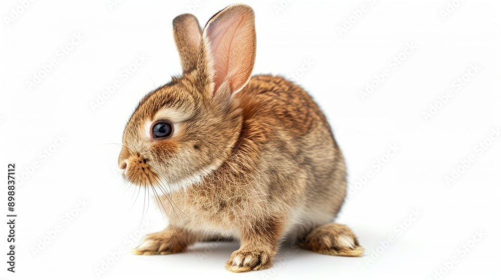 Fototapeta premium Charming brown rabbit with one ear raised in a bright indoor setting