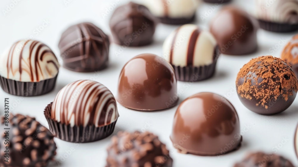Assorted chocolate candies displayed on white background Assorted chocolate candies displayed on white background