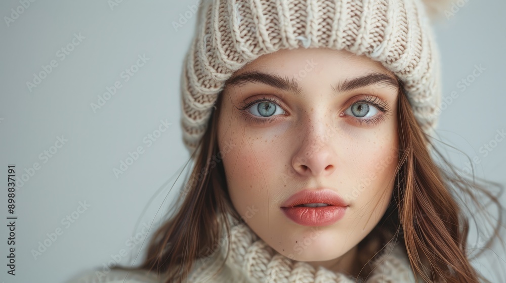 Teenage model looks surprised wearing winter hat with ear flap in cozy indoor setting Teenage model looks surprised wearing winter hat with ear flap in cozy indoor setting