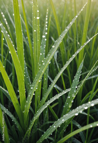  Morning dew on grass blades. 