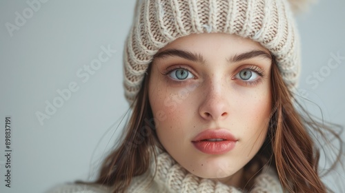 Teenage model looks surprised wearing winter hat with ear flap in cozy indoor setting