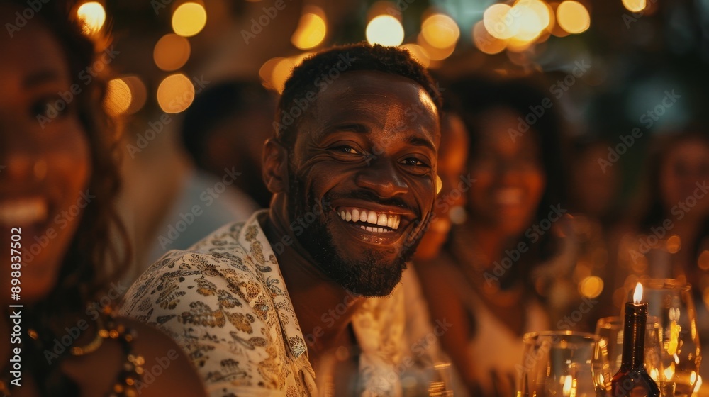 African American Group of friends having fun at boho wedding. Sitting on diner table by night sparkling bokeh lights. friends who came to dinner with a wine bottle smiles and hugs, Generative AI African American Group of friends having fun at boho wedding. Sitting on diner table by night sparkling bokeh lights. friends who came to dinner with a wine bottle smiles and hugs, Generative AI