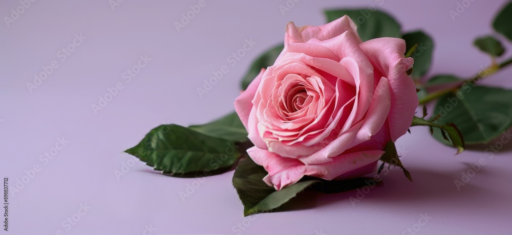 Single Pink Rose With Green Leaves on Purple Background Single Pink Rose With Green Leaves on Purple Background