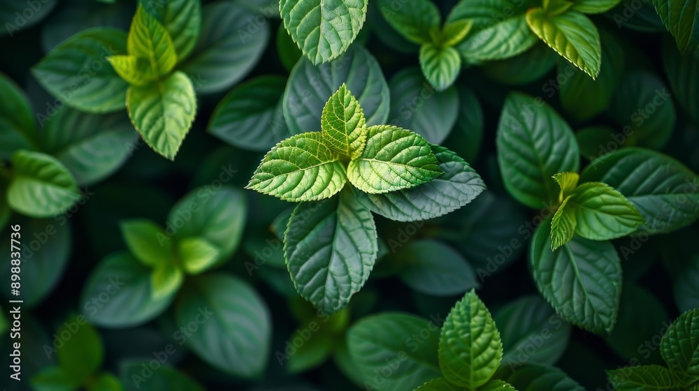Close-up of fresh green leaves in a lush natural setting Close-up of fresh green leaves in a lush natural setting