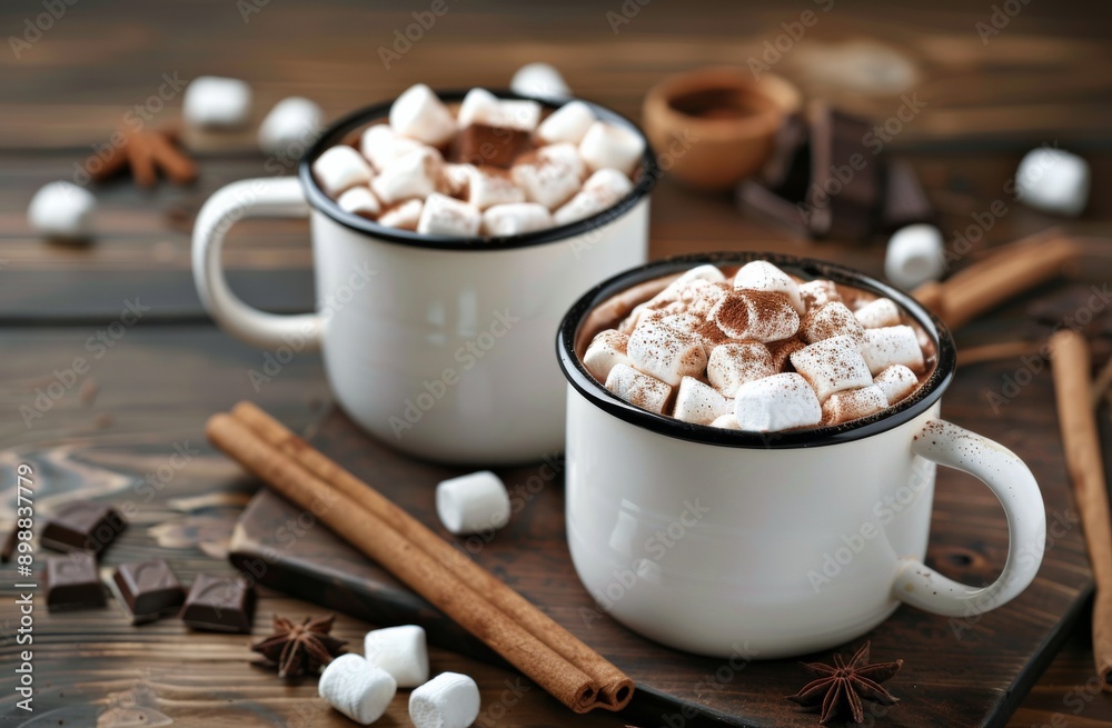 Two Mugs Filled With Hot Chocolate and Marshmallows Two Mugs Filled With Hot Chocolate and Marshmallows