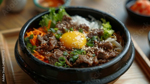 Authentic korean cafe serving bulgogi with fresh vegetables at lunchtime