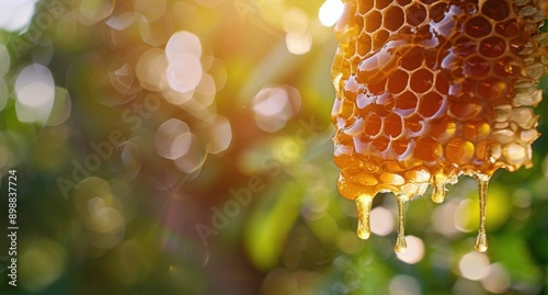 Honey Dripping From a Jar Onto a Honeycomb