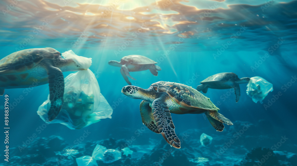 Obraz premium Several sea turtle eating plastic bags while swimming in a bright blue ocean seen from a low angle 