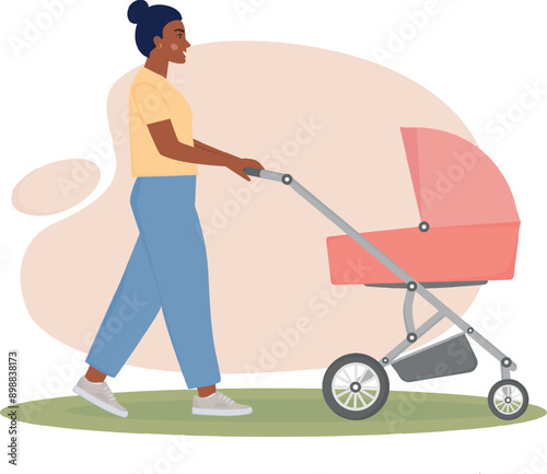 African american woman with baby stroller. Happy mom walking with kid in carriage. Mother strolling the carriage. African american mum is going, child is sleeping. Vector illustration.