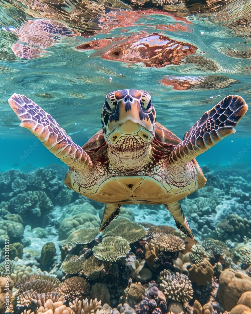 Obraz premium Sea Turtle Swimming Over Vibrant Coral Reef in Tropical Waters