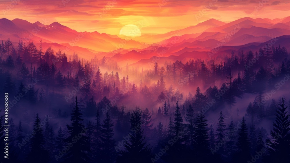 Obraz premium Foggy sunrise in the mountains. Landscape with fog.