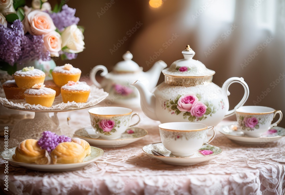 charming tea set displayed assorted pastries elegant tablecloth surrounded delicate floral accents soft lighting, afternoon, assortment, sweets, ceramics