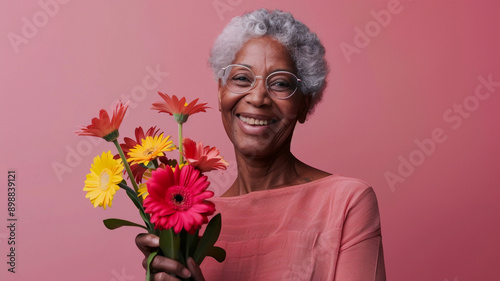 A portrait of a senior and South-African woman holding flowers; Gerbera daisy, while smiling at the camera with an isolated pink background with copy space 