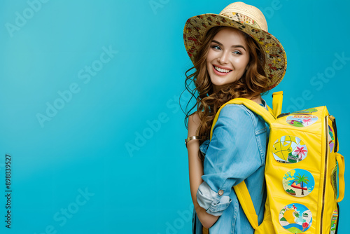 happy woman holding yellow travel bag on blue background